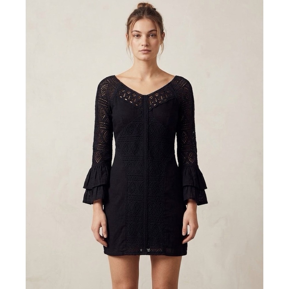 Free People Dress Womens Large Black Lace Bell Sleeve Bodycon Mini Cocktail